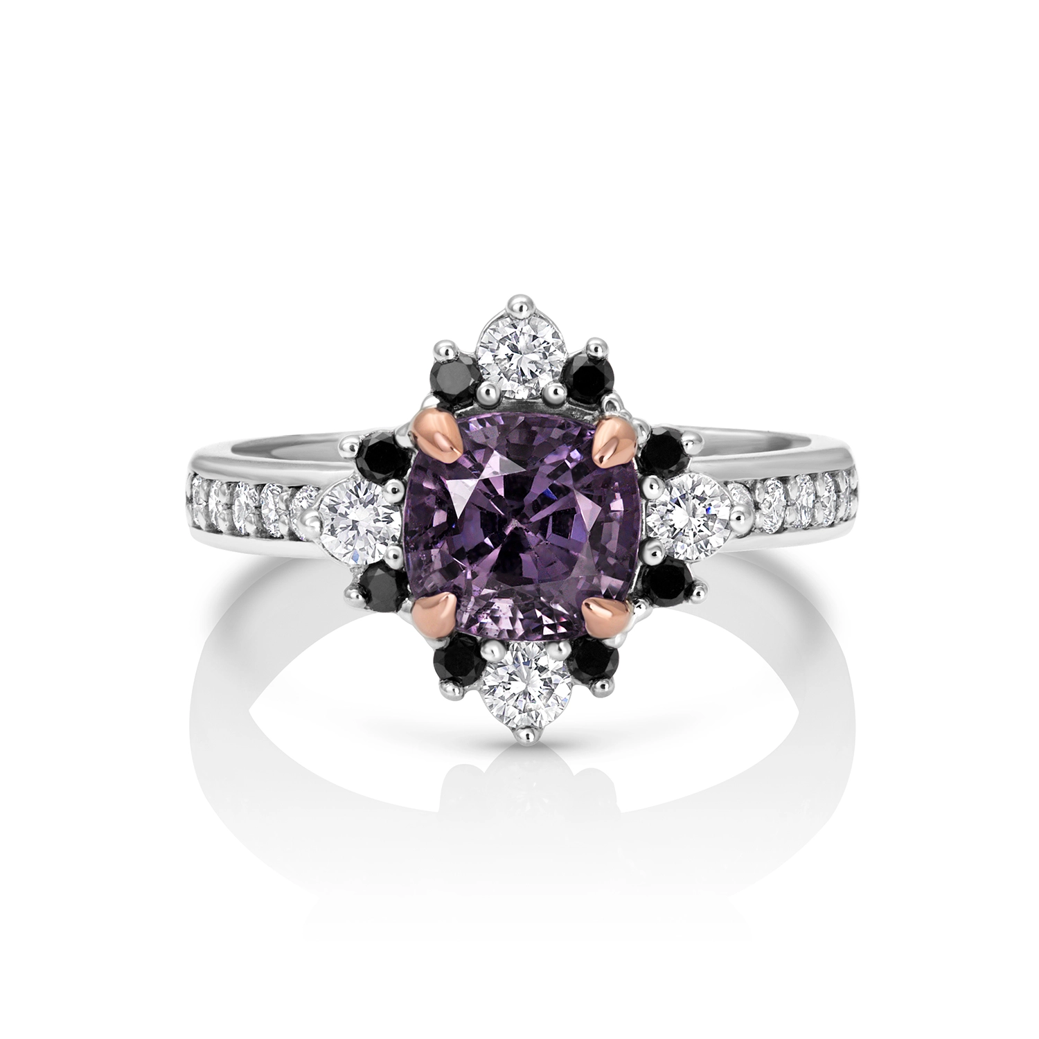 14k white gold grey spinel, black and white diamond cluster ring