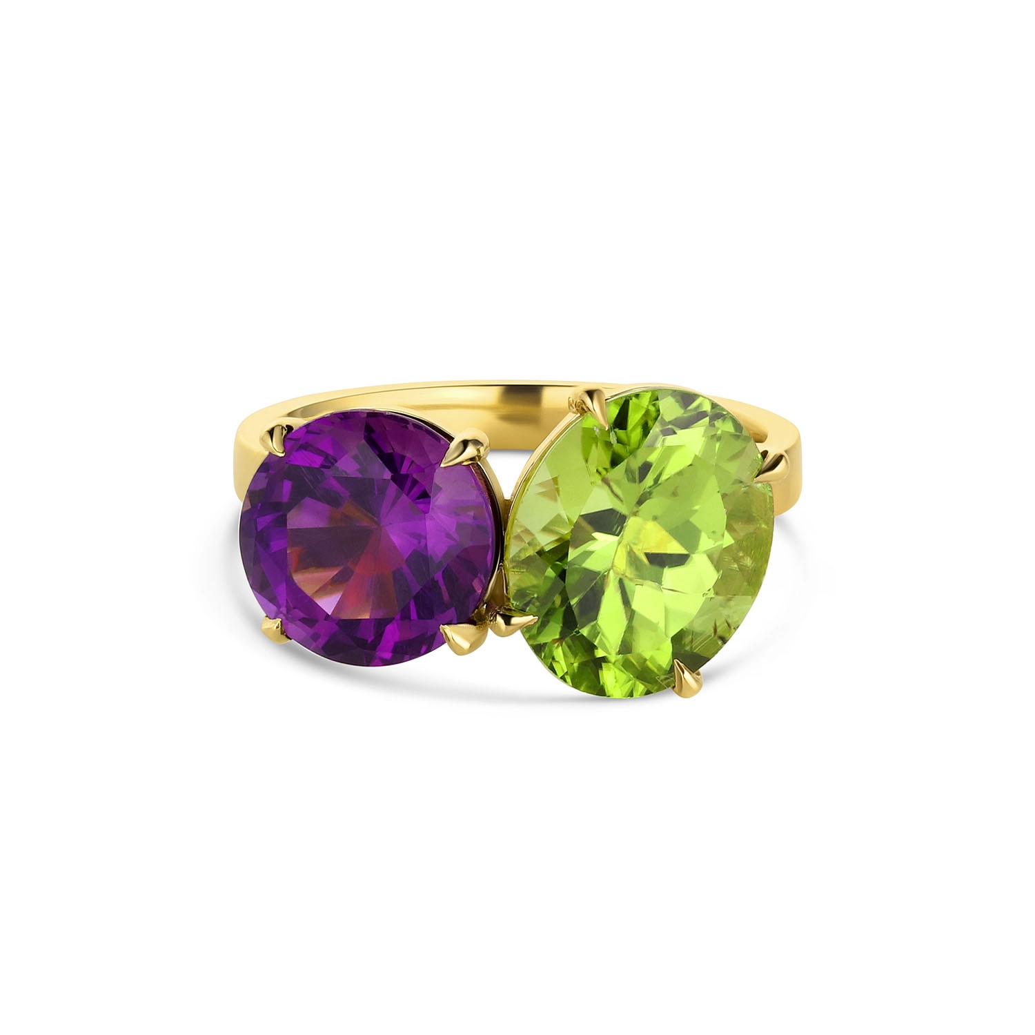 14k yellow gold “Toi et Moi” amethyst and peridot ring