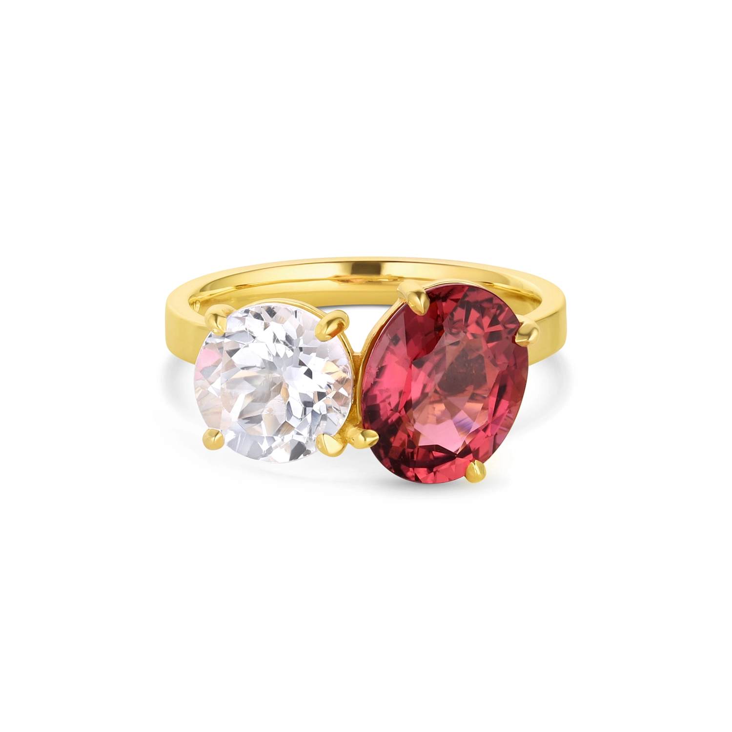 14k yellow gold “Toi et Moi” white topaz and pink tourmaline ring