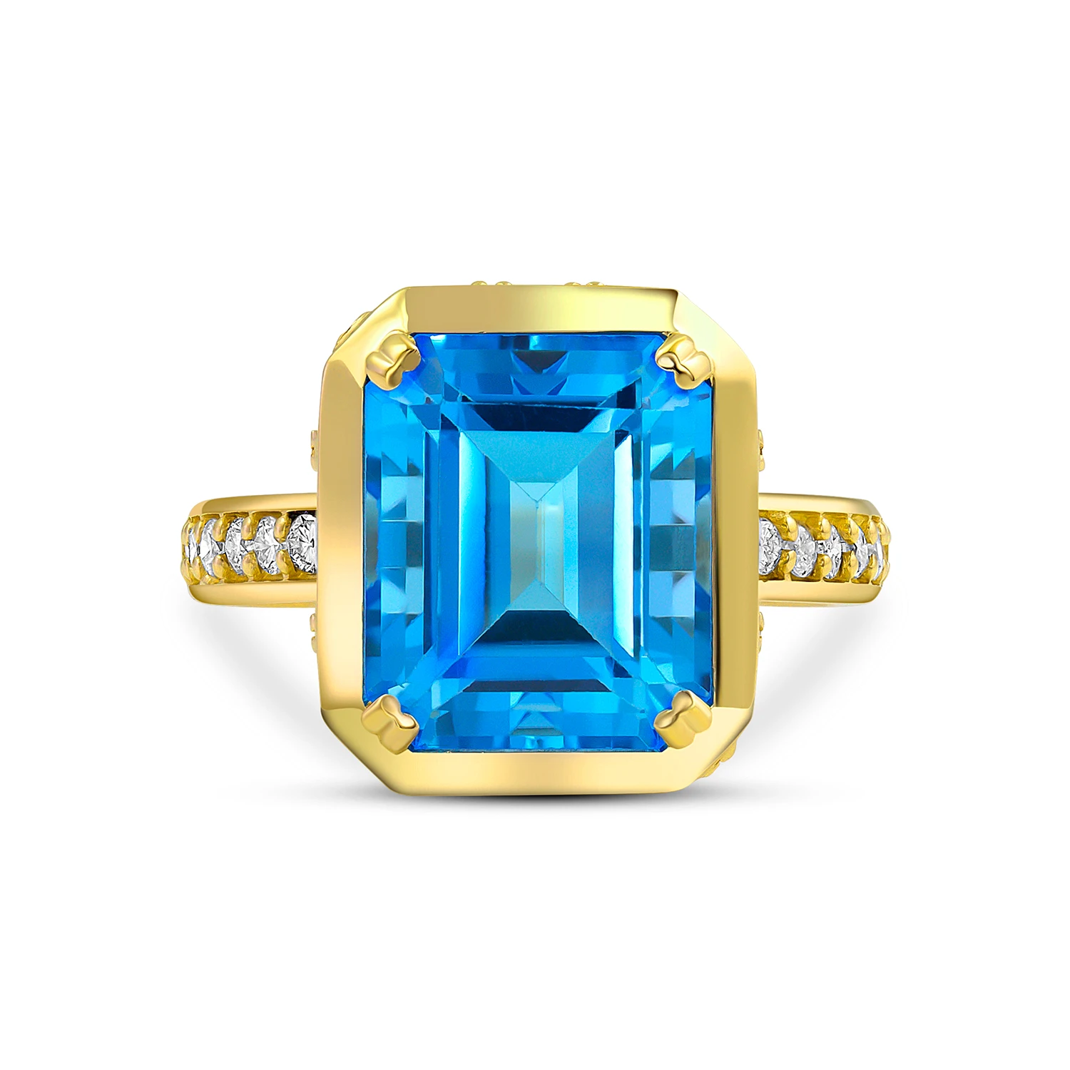 14k yellow gold Swiss blue topaz ring with diamond accents