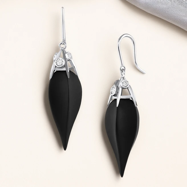14k white gold carved black onyx diamond accented earrings