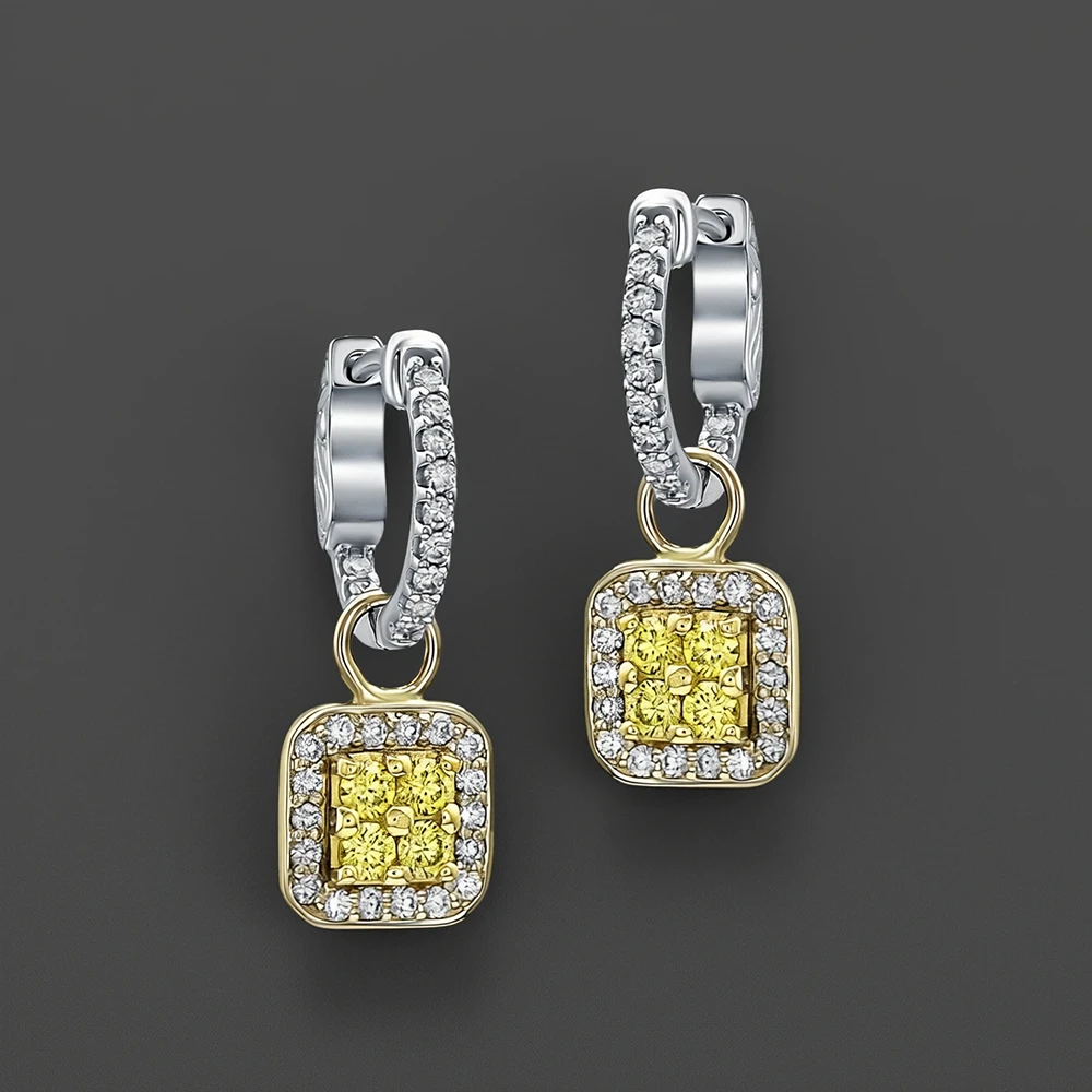 14k white gold diamond hoop earrings with 18k yellow gold yellow diamond drop charms