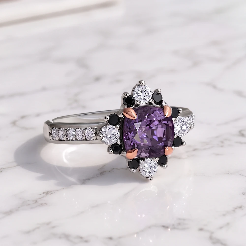 14k white gold grey spinel, black and white diamond cluster ring